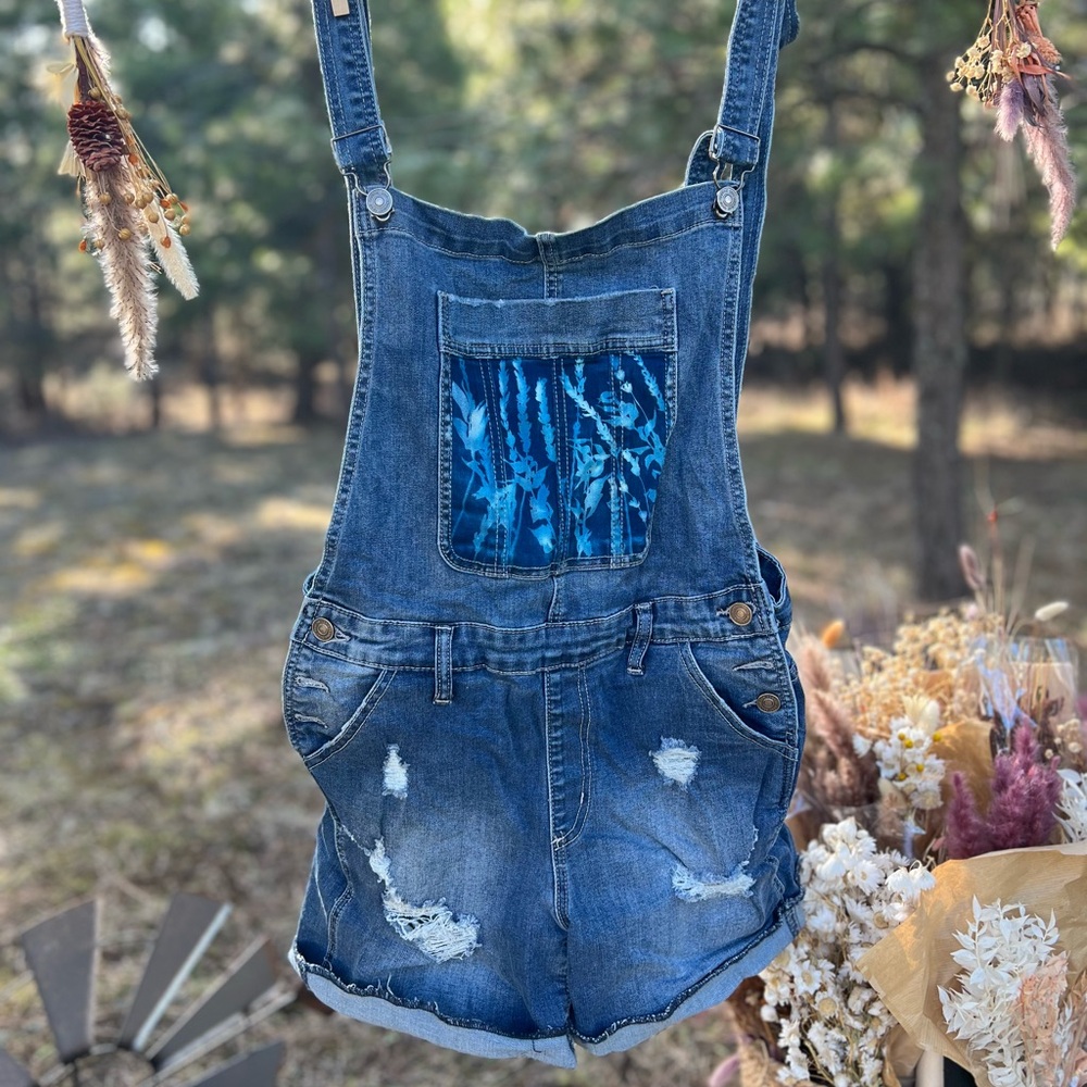 Denim Overalls with Cyanotype print
